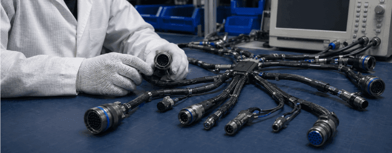 GEM Cable technician inspecting Mil-Spec Cable Assemblies for defence applications in a controlled manufacturing environment.