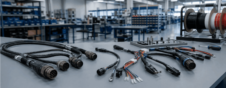 GEM Cable Solutions cable assembly manufacturer image showing custom cable assemblies and wire harnesses in a production workspace.