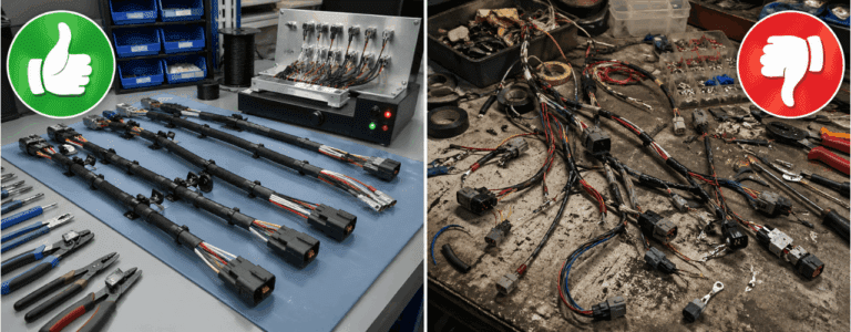 GEM Cable Solutions cable harness manufacturer comparison image showing a high reliability harness build with a green thumbs up and a low reliability build with a red thumbs down.