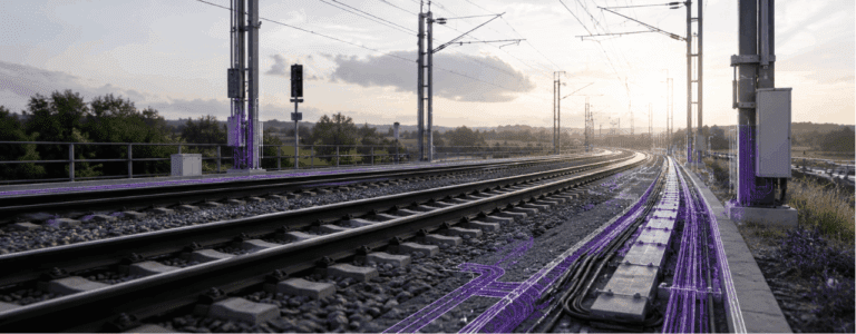 Modern electrified railway infrastructure with cable routing overlays, showing GEM Cable as a Railway Cable Manufacturer for rail electrification projects.