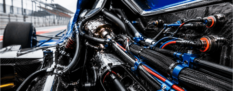 Close-up of motorsport cables inside a race car, showing GEM Cable’s bespoke assemblies for heat, vibration and reliable performance.