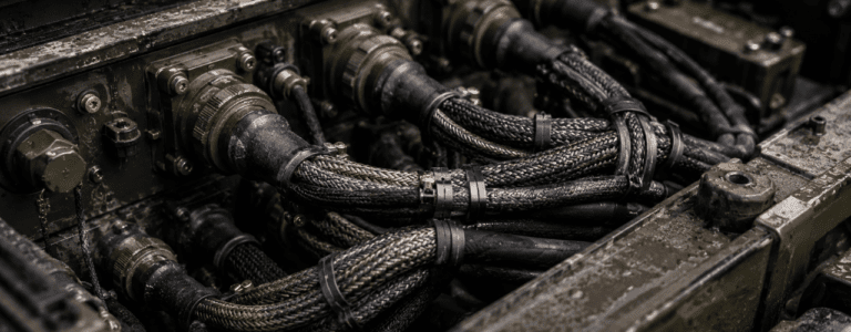 Rugged Defence Standard Cable assemblies inside a harsh equipment enclosure, showing GEM Cable’s support for reliable defence applications.