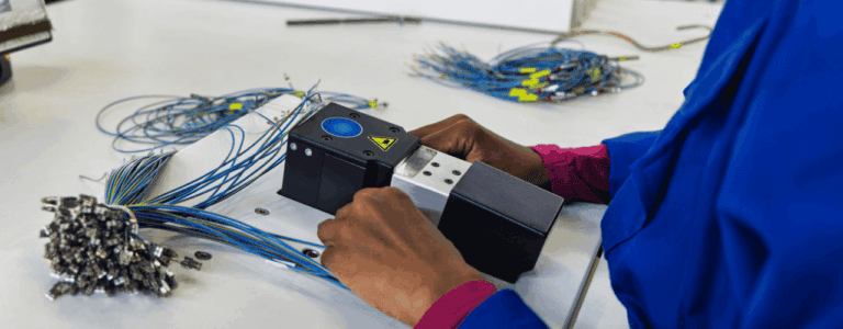A technician assembling wire harnesses at a computer workstation, focusing on quality control in a harsh environment.