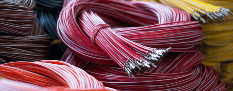A pile of wires arranged together, showcasing various types and lengths of cable assemblies.