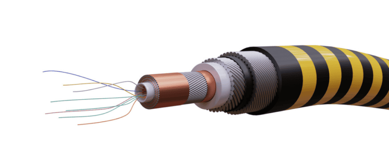 Close-up of a marine cable assembly featuring a yellow and black striped design, highlighting its robust construction.