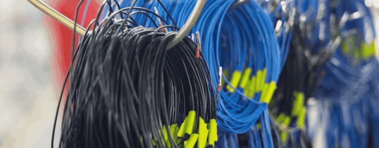A collection of blue and yellow wires neatly arranged on a rack, showcasing their vibrant colours and organized display.